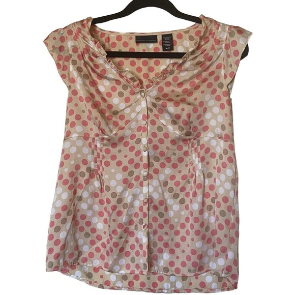 Apostrophe Blouse Short Sleeve Women's Orange White Beige Polka Dots Size M - Picture 1 of 7